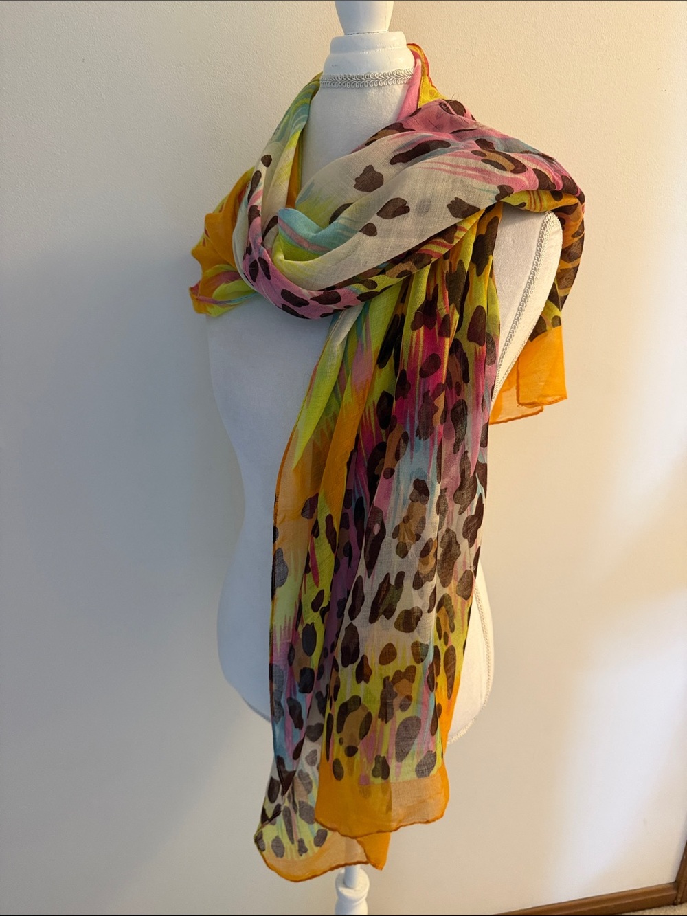 Lightweight Multicolor Leopard Print Scarf - Yellow, Pink & Green